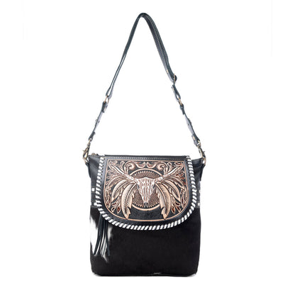 Myra Spirit of the Herd Hairon Leather Bag for Women Western Cowhide Purse with Intricate Tooling