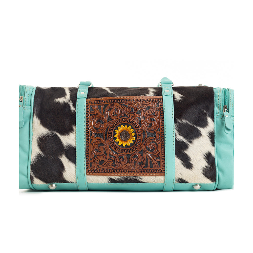 Myra Darling Mesa Turquoise Leather Duffle Bag - Hand-Tooled Cowhide Travel Bag with Sunflower Accent and Spacious Interior