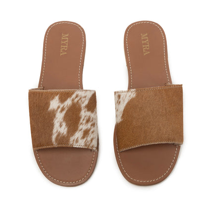 Myra Kemma Hairon Slide Sandals for Women â€“ Comfortable Flat Slides with Tan & White Speckle Print for Western Summer Outings