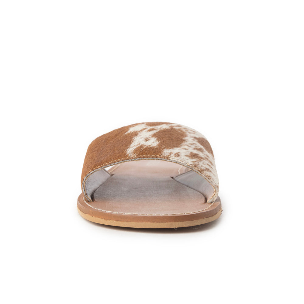 Myra Kemma Hairon Slide Sandals for Women â€“ Comfortable Flat Slides with Tan & White Speckle Print for Western Summer Outings