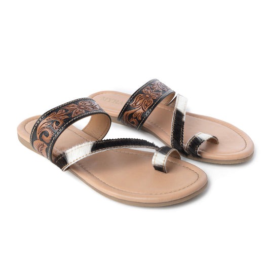 Myra Greta Lee Hair-On Leather Flip Flops for Women - Hand-Tooled Western Slippers with Flat Sole for Everyday Ease