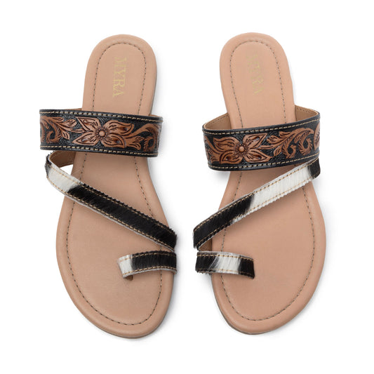 Myra Greta Lee Hair-On Leather Flip Flops for Women - Hand-Tooled Western Slippers with Flat Sole for Everyday Ease