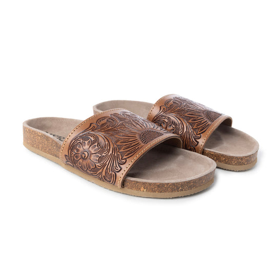 Myra Dottie Handtooled Leather Slide Sandals for Women â€“ Floral Western Tooling with Cork Sole for Casual Comfort