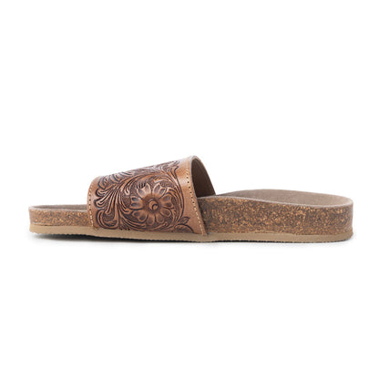 Myra Dottie Handtooled Leather Slide Sandals for Women â€“ Floral Western Tooling with Cork Sole for Casual Comfort