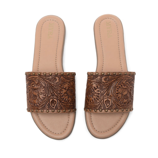 Myra Kasandra Handtooled Leather Slip-Ons for Women – Western Slides with Tooled Floral Design and Padded Insole