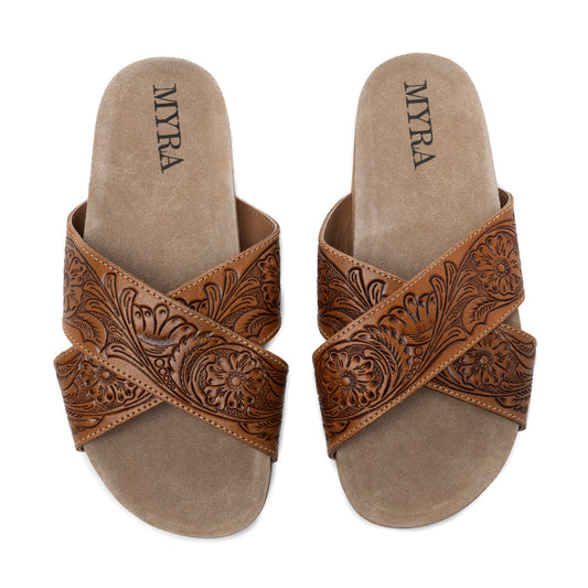 Myra Gracie Handtooled Leather Sandals for Women – Western Criss-Cross Slides with Cork Sole for Ranch, Rodeo, and Everyday Comfort