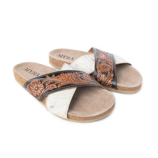 Myra Nevada Handtooled Leather Flats for Women - Double-Strap Sandals with Cushioned Cork Sole for Rodeo Chic Comfort