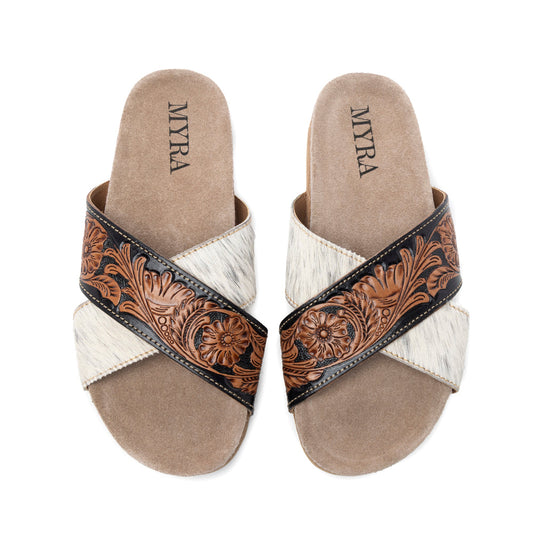 Myra Nevada Handtooled Leather Flats for Women - Double-Strap Sandals with Cushioned Cork Sole for Rodeo Chic Comfort