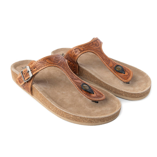 Myra Rosie Trail Handtooled Leather Sandals for Women – Cork Sole, Toe Ring Design for All-Day Comfort