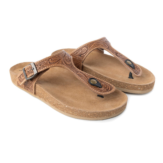 Myra Sadie Mesa Leather Slides for Women - Cushioned Cork Sole, Floral Tooled Finish for Everyday Elegance