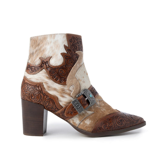 Myra Goldie Hairon Leather Boots for Women - Ankle Boots with Handtooled Leather Accents & Block Heels for Carnival Fun