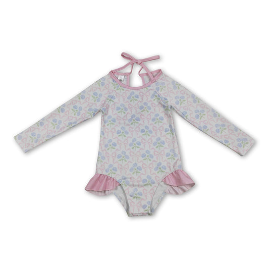Long sleeves bow floral baby girls one piece swimsuit