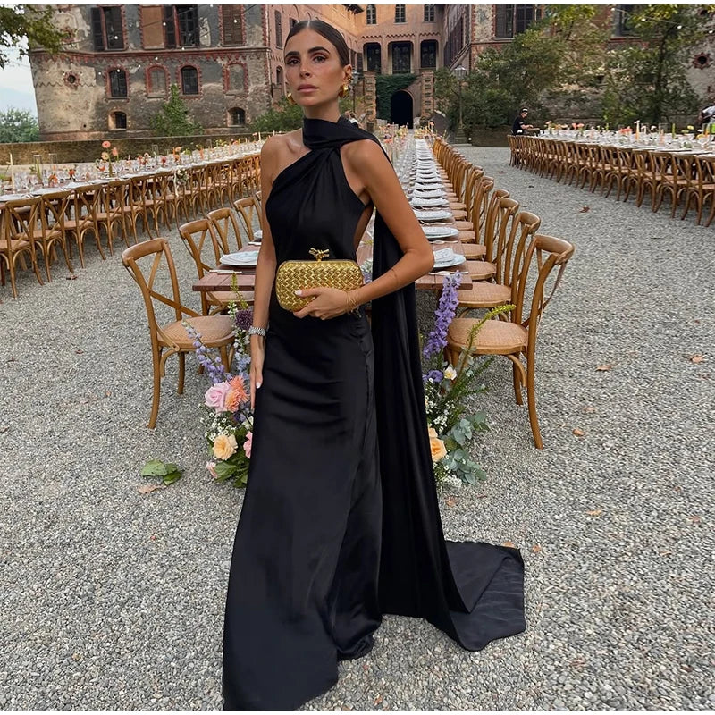 Elegant Ribbon Halter Dress Women Solid Off Shoulder Sleeveless Backless Slim Maxi Dresses 2025 Summer Autumn Party Robes Lady