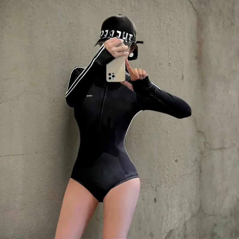 Long Sleeve Swimsuit Women Full Body Wetsuit Front Zip One Piece
