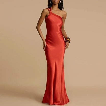 2024 Spring Sexy Inclined Shoulder Party Dress Women High Waist Satin Boho Long Dress Summer Backless Hollow Bandage Maxi Dress