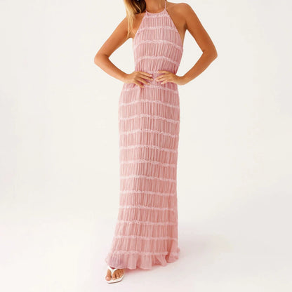 Women Ruched Cocktail Dress Elegant Party Bodycon Dresses Female Long Dress Summer Sleeveless Backless Solid Dress Vestidos