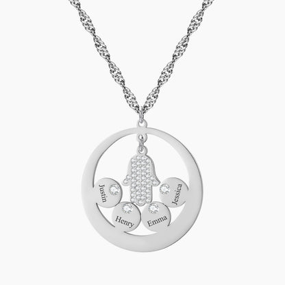 Round Family Name Necklace Hamsa Hand Stainless Steel Necklace Zircon Evil Eye Fatma's Hand