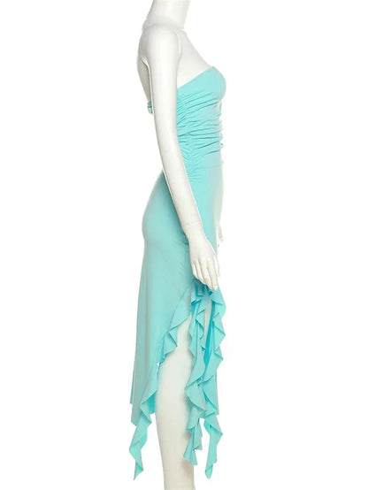 Elegant Strapless Dress Women Irregular Tassel Skinny Split Maxi Bodycon