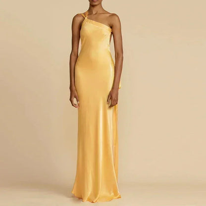 2024 Spring Sexy Inclined Shoulder Party Dress Women High Waist Satin Boho Long Dress Summer Backless Hollow Bandage Maxi Dress