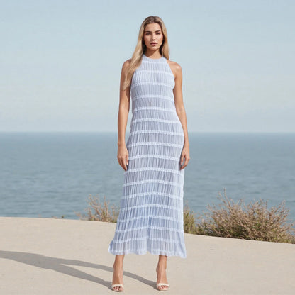 Women Ruched Cocktail Dress Elegant Party Bodycon Dresses Female Long Dress Summer Sleeveless Backless Solid Dress Vestidos