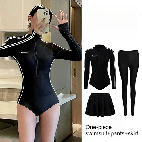 Long Sleeve Swimsuit Women Full Body Wetsuit Front Zip One Piece