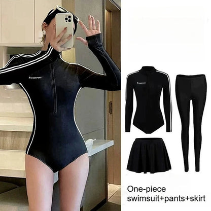 Long Sleeve Swimsuit Women Full Body Wetsuit Front Zip One Piece