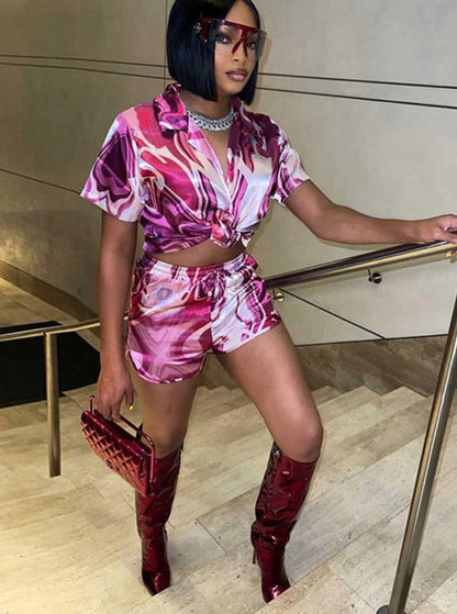 Multi-Color Print Two Piece Set Casual Short Sleeve Pleat Top+ High Waist Elastic Shorts