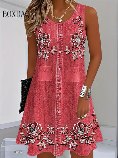 2025 Women Summer Sleeveless Bohemian Dress Fashion Imitate Cowboy Vest Flowers Print Dress Casual Tank Beach Dresses For Women