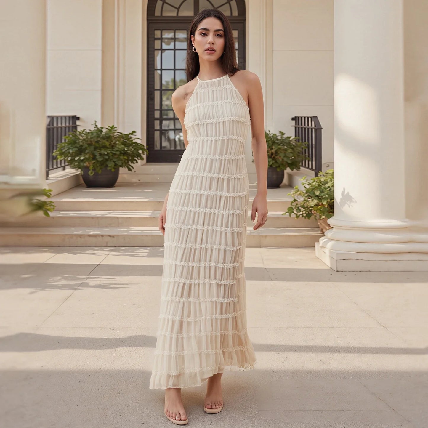 Women Ruched Cocktail Dress Elegant Party Bodycon Dresses Female Long Dress Summer Sleeveless Backless Solid Dress Vestidos