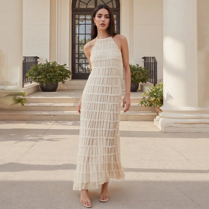 Women Ruched Cocktail Dress Elegant Party Bodycon Dresses Female Long Dress Summer Sleeveless Backless Solid Dress Vestidos
