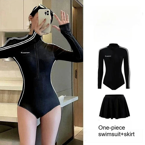Long Sleeve Swimsuit Women Full Body Wetsuit Front Zip One Piece