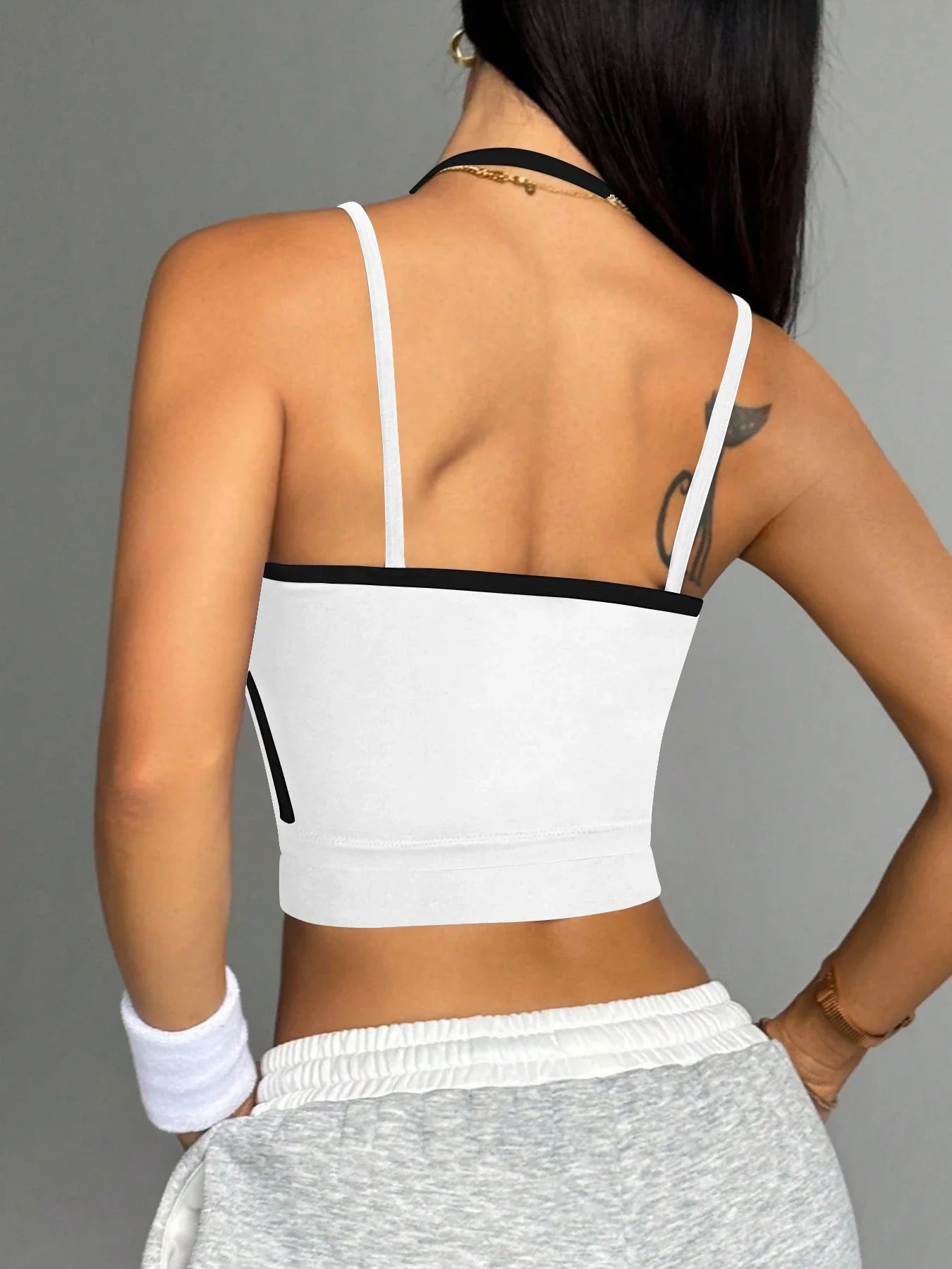 Women's Contrast Trim Halter Crop Cami Top - Sleeveless Ribbed Fitted Yoga Sports Bra Tank Top for Workout Gym Casual