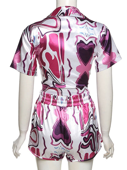 Multi-Color Print Two Piece Set Casual Short Sleeve Pleat Top+ High Waist Elastic Shorts