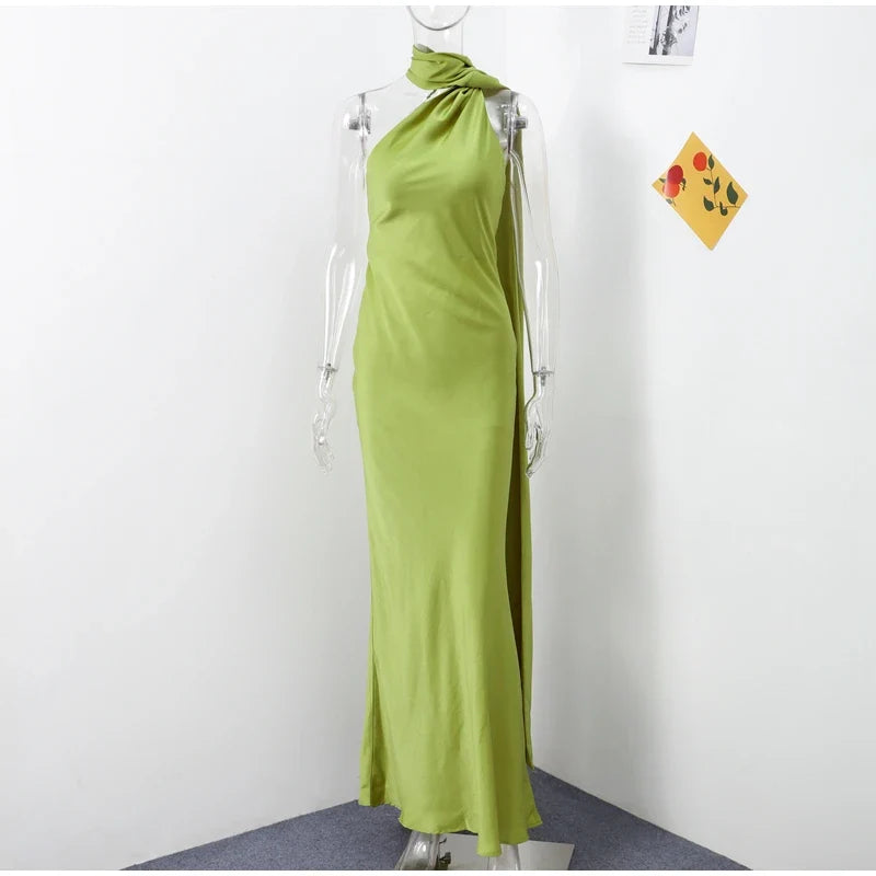 Elegant Ribbon Halter Dress Women Solid Off Shoulder Sleeveless Backless Slim Maxi Dresses 2025 Summer Autumn Party Robes Lady