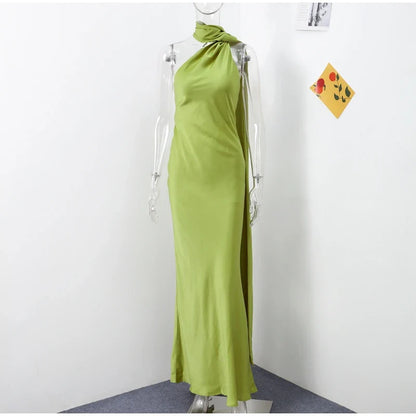 Elegant Ribbon Halter Dress Women Solid Off Shoulder Sleeveless Backless Slim Maxi Dresses 2025 Summer Autumn Party Robes Lady