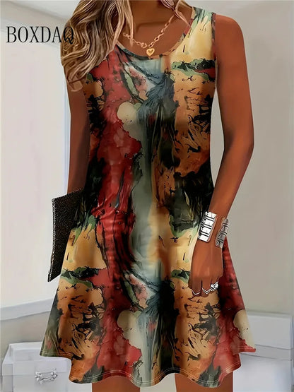 2025 Women Summer Sleeveless Bohemian Dress Fashion Imitate Cowboy Vest Flowers Print Dress Casual Tank Beach Dresses For Women