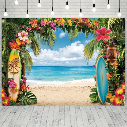 Hawaiian Beach background banner - tropical flowers, including palm