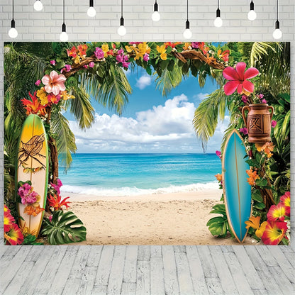 Hawaiian Beach background banner - tropical flowers, including palm