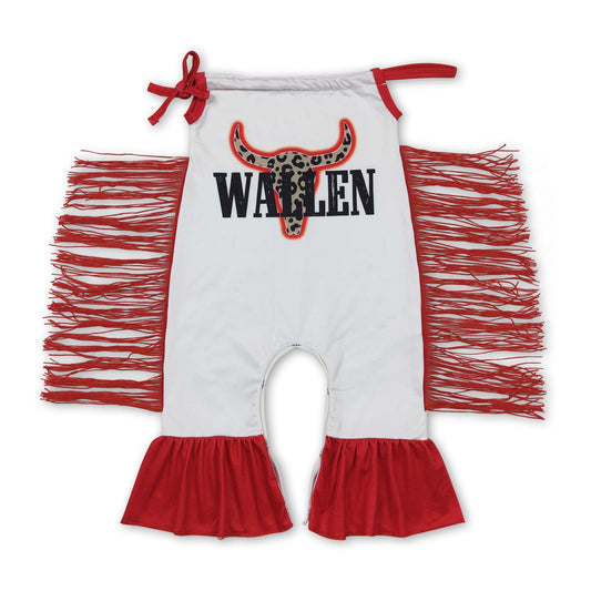 Red leopard bull skull sleeveless tassels baby girls romper
