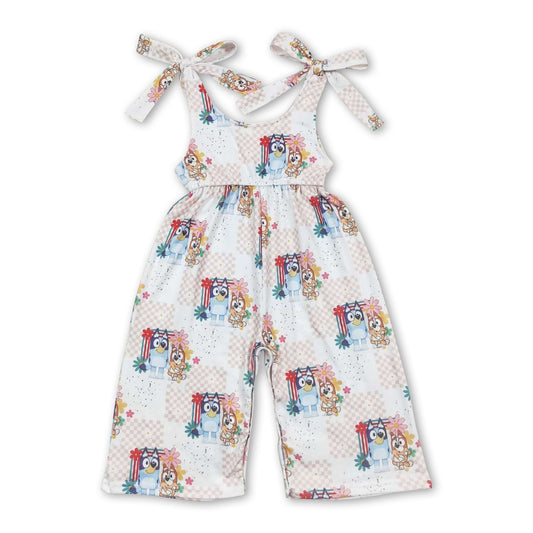 Plaid floral blue dogs kids girls jumpsuit