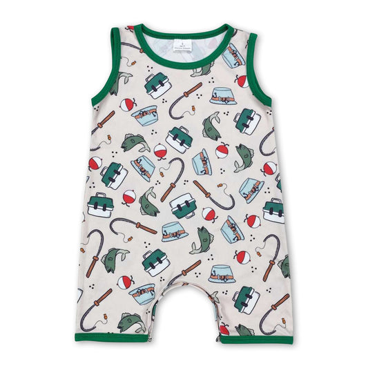 Sleeveless green fishing baby boy romper