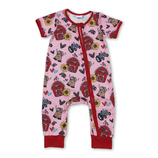 Short sleeves cows sunflower farm baby zipper romper