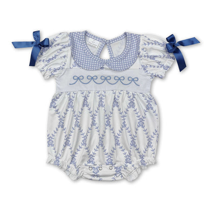 Short sleeves light blue bow floral baby girls summer romper