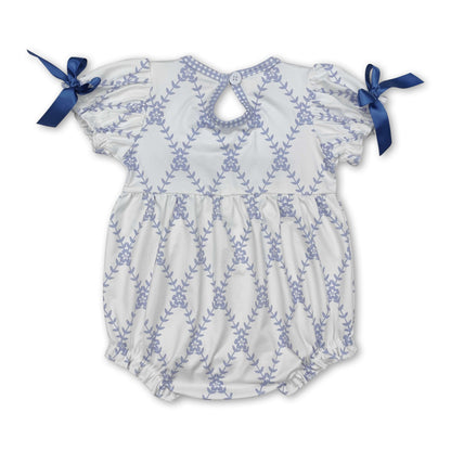 Short sleeves light blue bow floral baby girls summer romper