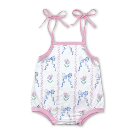 Pink straps floral light blue bow baby girls romper