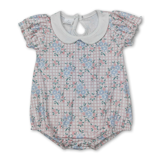 Short sleeves pink plaid floral baby girls romper