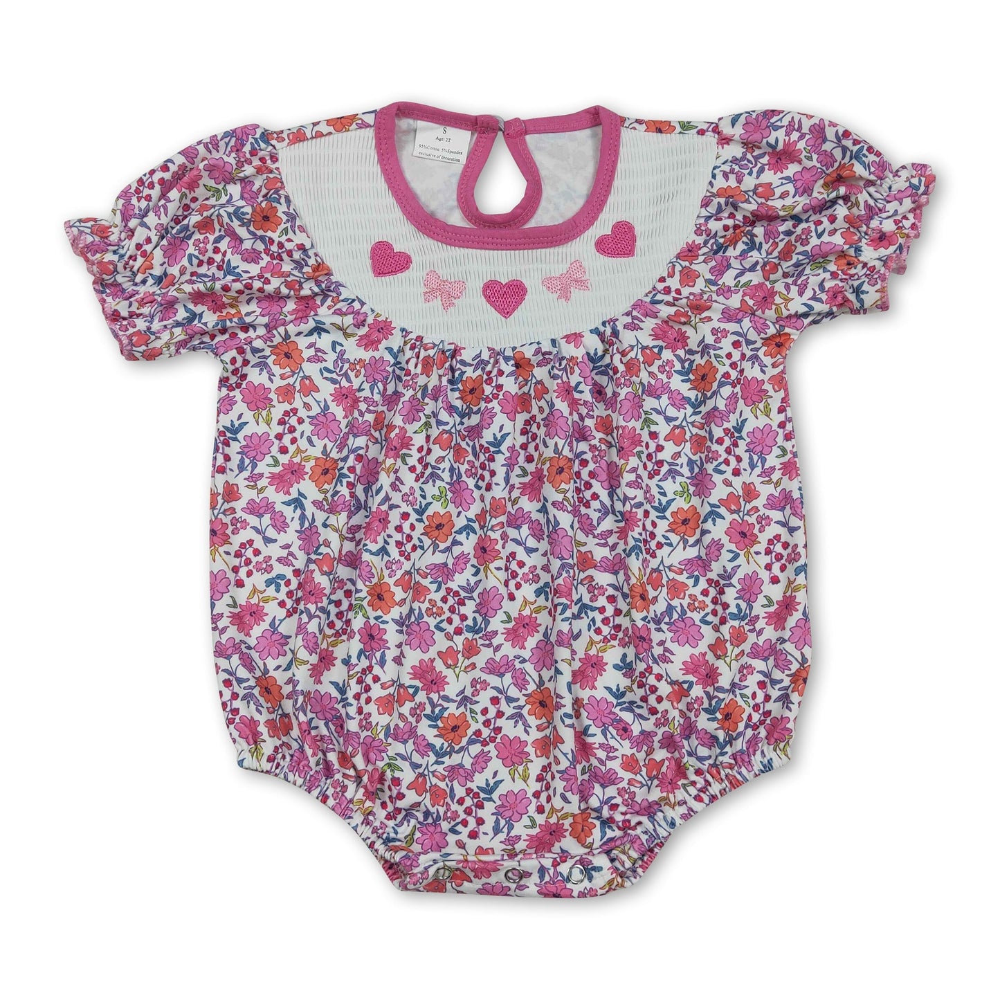 Heart bow smocked floral girls Valentine's romper