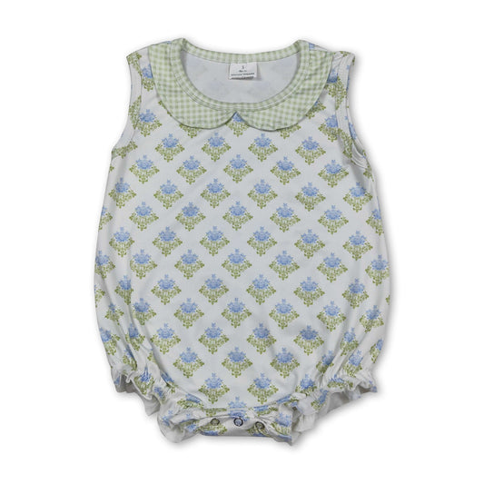 Sleeveless green light blue floral baby girls summer romper
