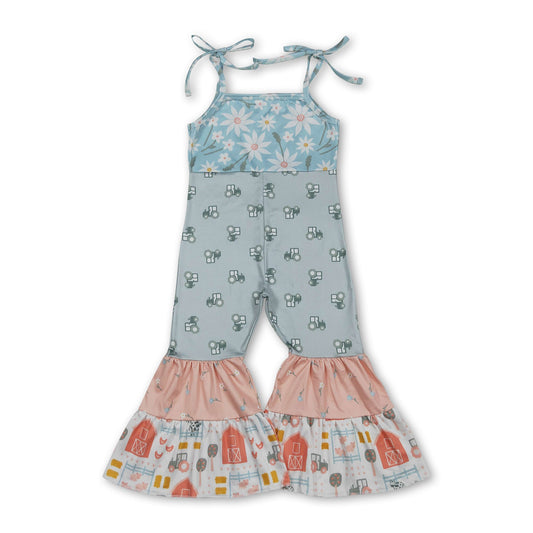 Straps floral tractor patchwork farm kids girls jumpsuit