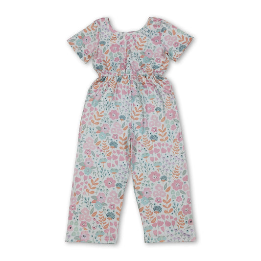 Short sleeves pink floral pockets kids girls jumpsuit